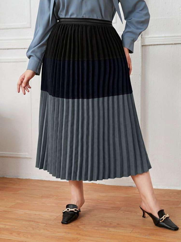 Elegant Colorblock Pleated Multicolor Plus Size Skirts 9100