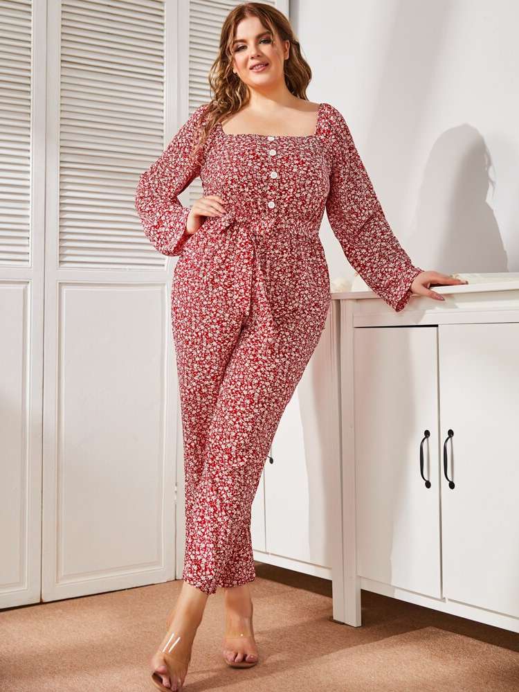 Boho Square Neck Ditsy Floral Plus Size Jumpsuits  Bodysuits 1500