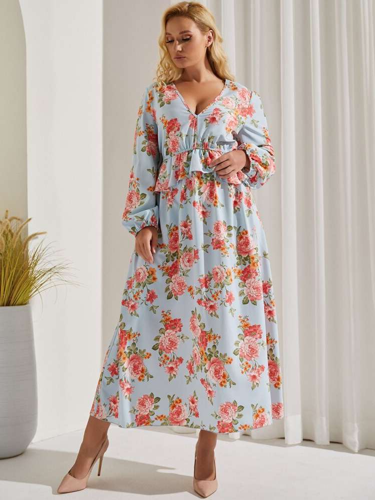 Regular Fit V neck Ruffle Boho Plus Size Dresses 2859