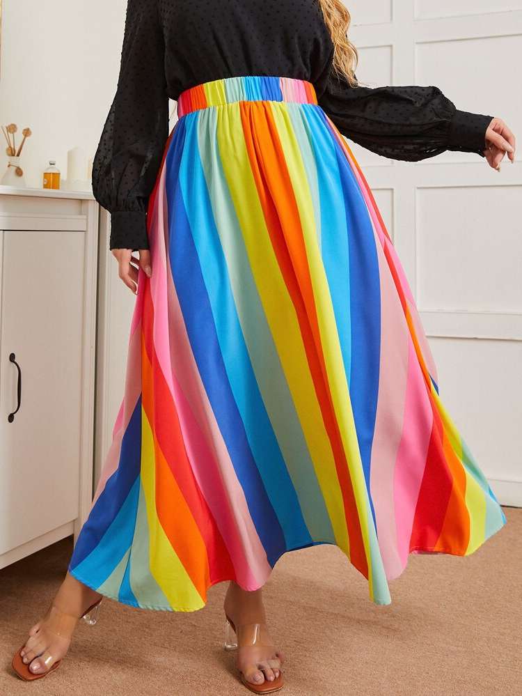  Rainbow Stripe Elegant Maxi Plus Size Bottoms 9194