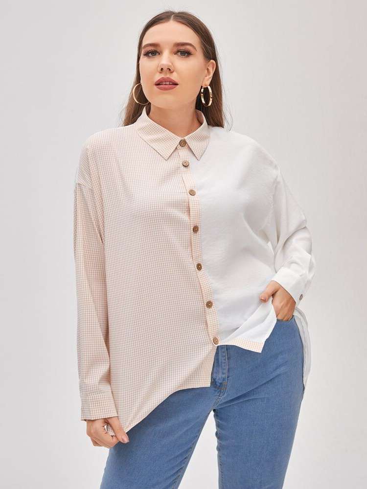 Long Gingham Regular Fit Collar Plus Size Blouses 8645