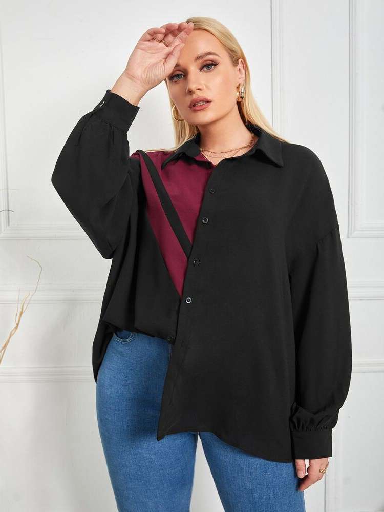  Long Colorblock Plus Size Blouses 948