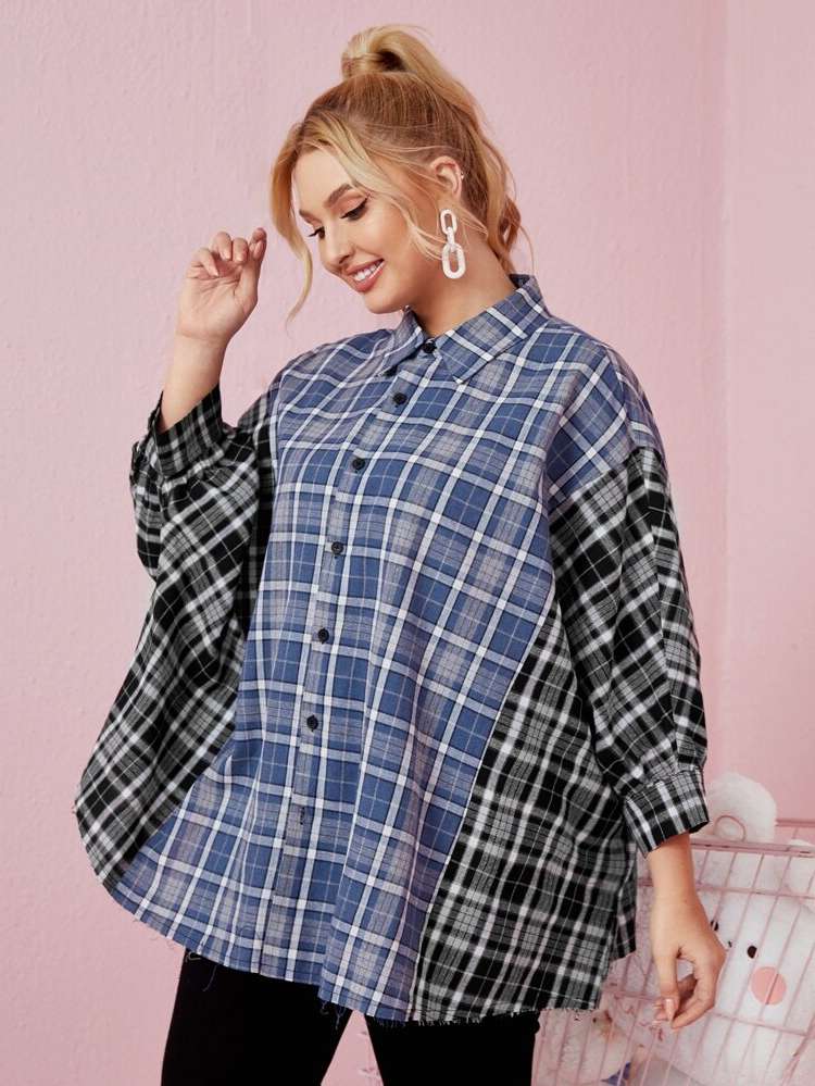 Multicolor Long Oversized Collar Plus Size Tops 7757