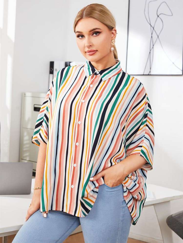 Long Button Front Collar Striped Women Plus Clothing 9383