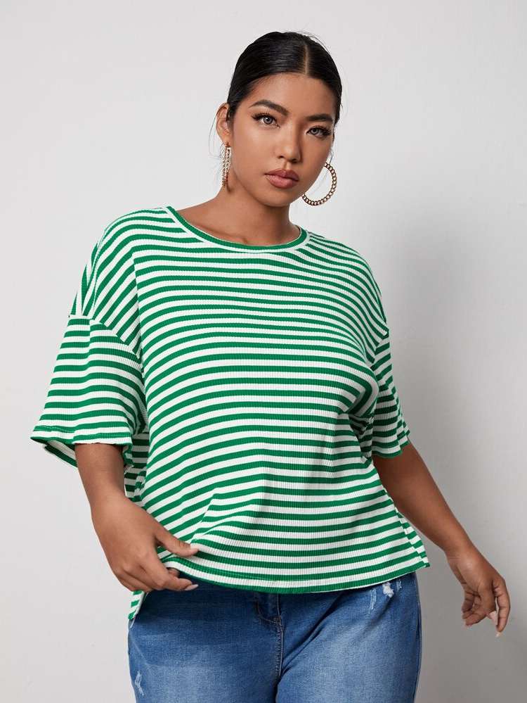 Multicolor Round Neck Striped Backless Plus Size Tops 8532