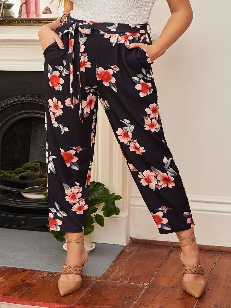 Floral Belted Boho Plus Size Bottoms 9853