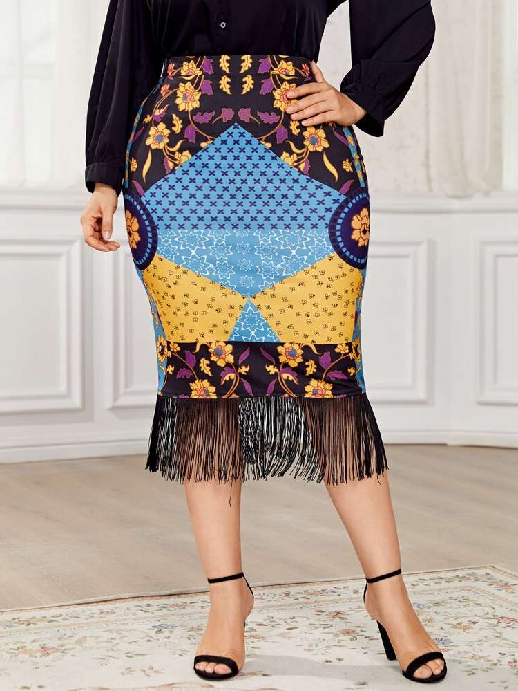 Fringe Patchwork Midi Plus Size Skirts 894