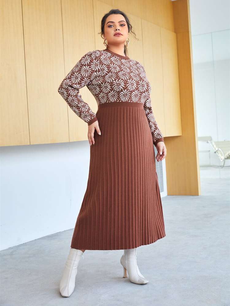 Pleated Elegant Round Neck Multicolor Plus Size Sweater Dresses 1388