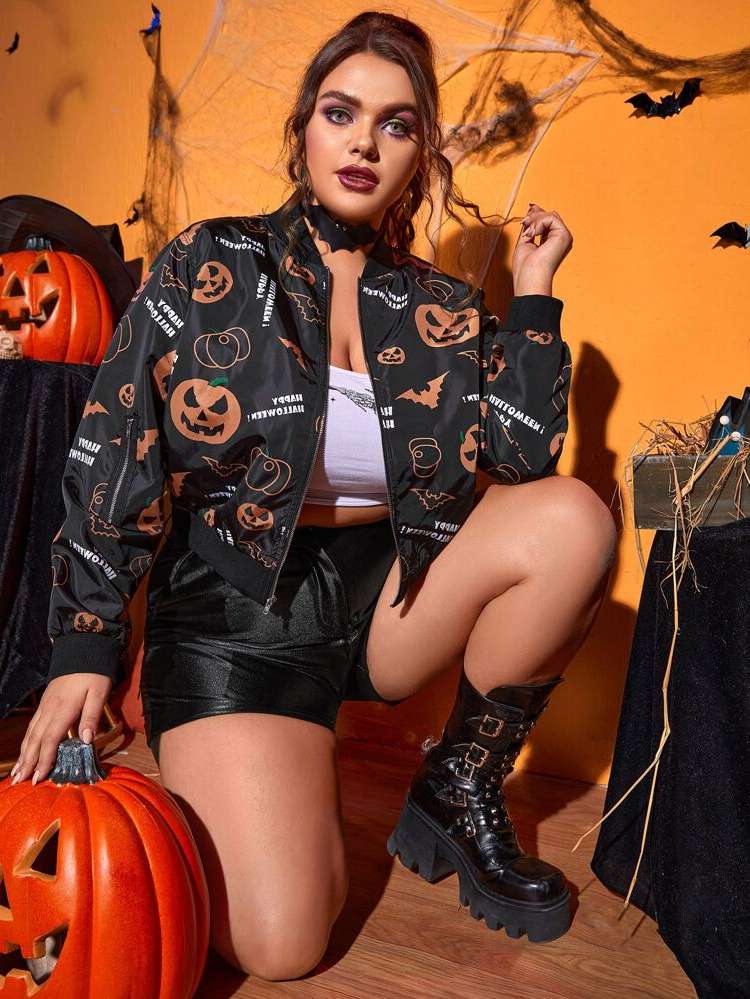 Halloween Pocket Regular Regular Fit Plus Size Jackets 4951