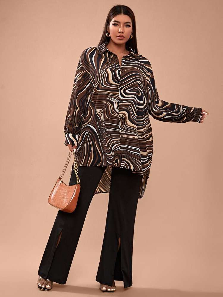 Oversized Collar Long Sleeve Multicolor Plus Size Tops 8938