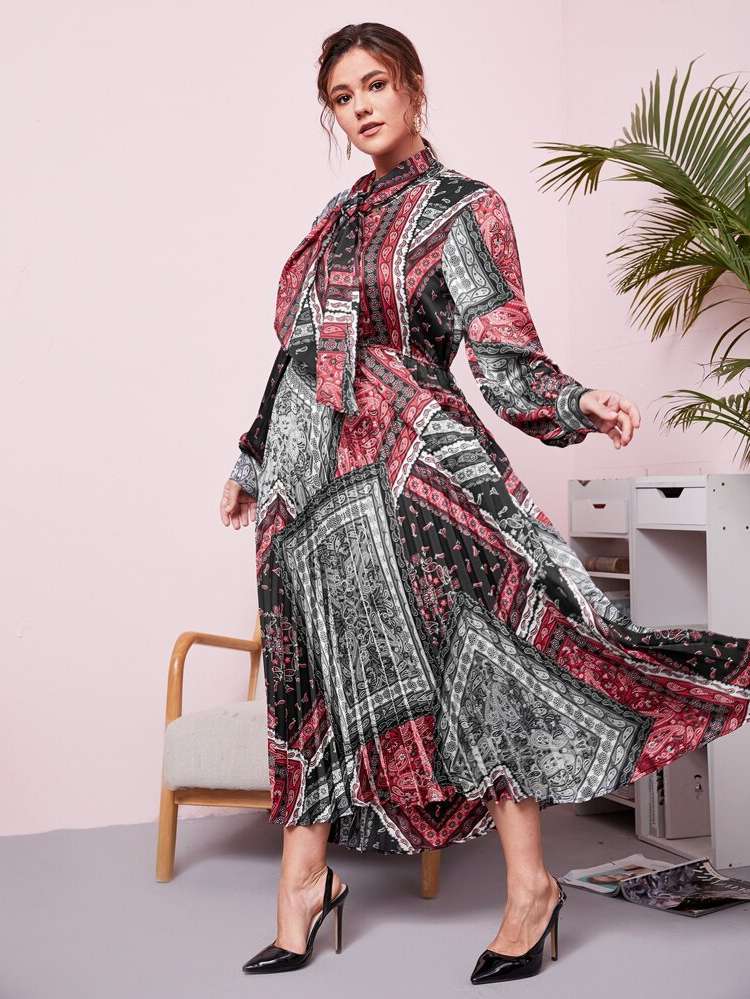 Paisley Multicolor Tie Neck Elegant Plus Size Dresses 983