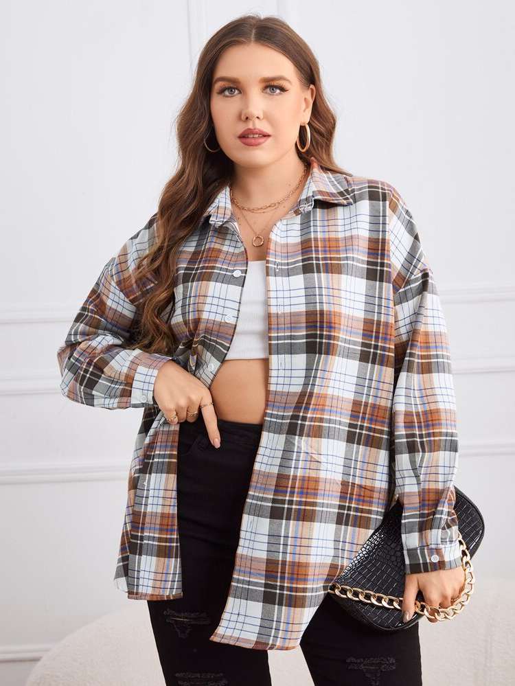 Button Casual Plaid Long Plus Size Blouses 8142