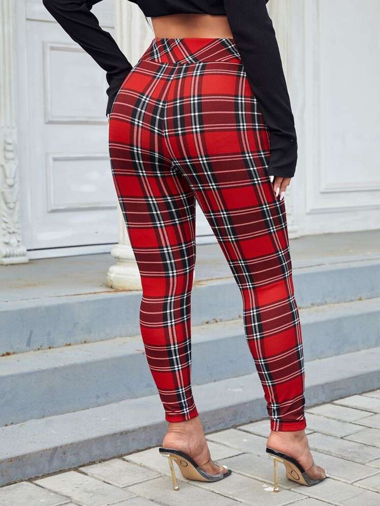  Zipper Tartan Skinny Plus Size Bottoms 1109