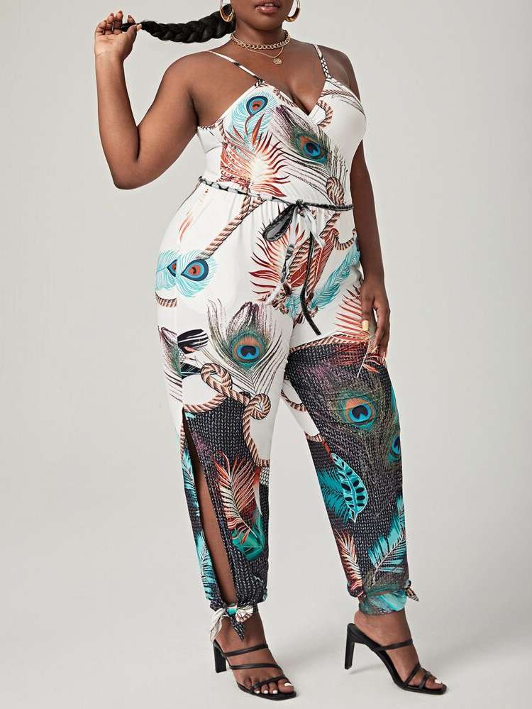 Spaghetti Strap Belted Multicolor Regular Fit Plus Size Jumpsuits 1247