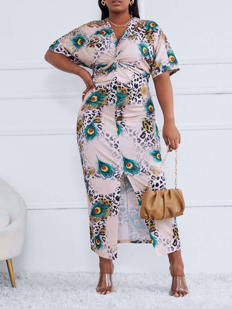 V neck Leopard Long Plus Size Dresses 178