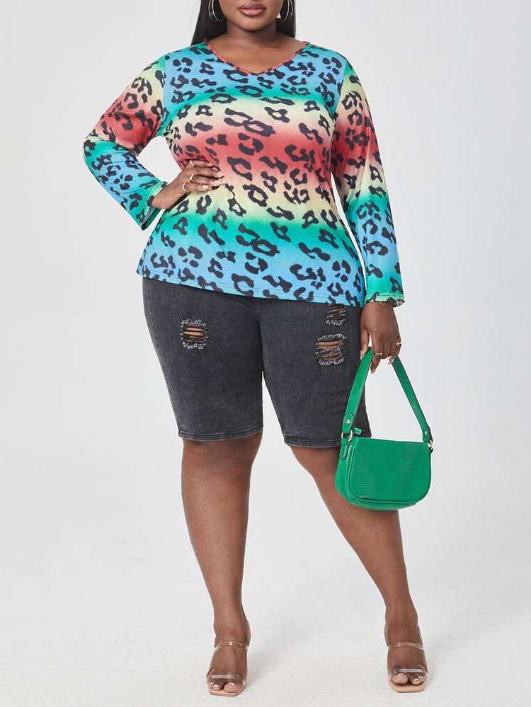 Regular Fit Multicolor Regular Leopard Plus Size T-shirts 9112