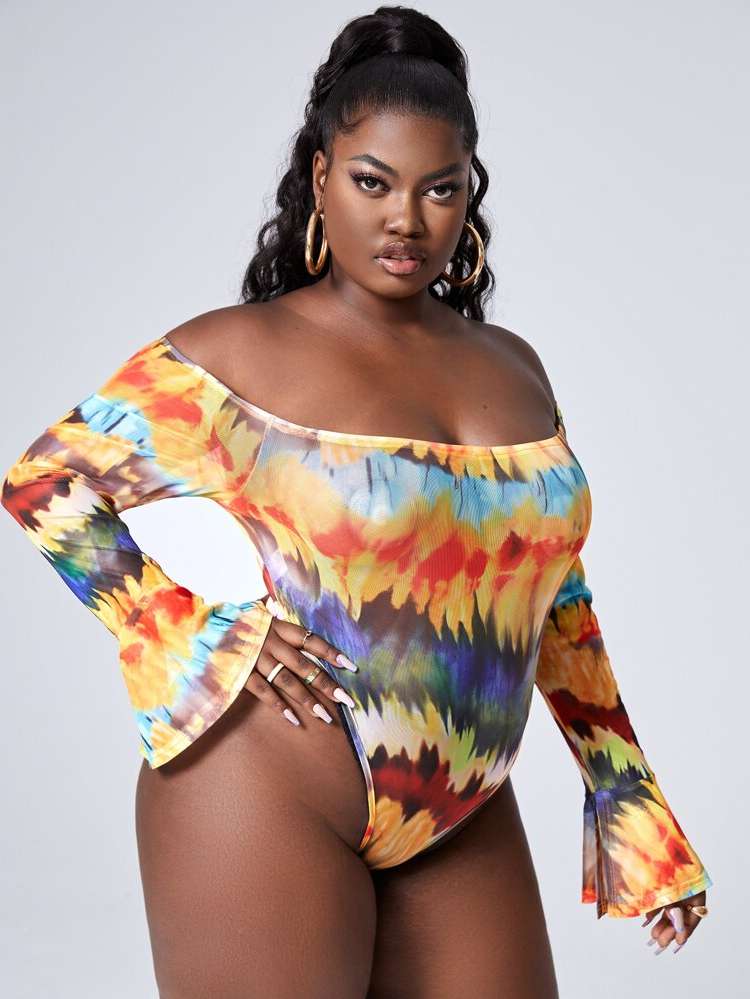 Off the Shoulder Tie Dye Plus Size Jumpsuits  Bodysuits 2319