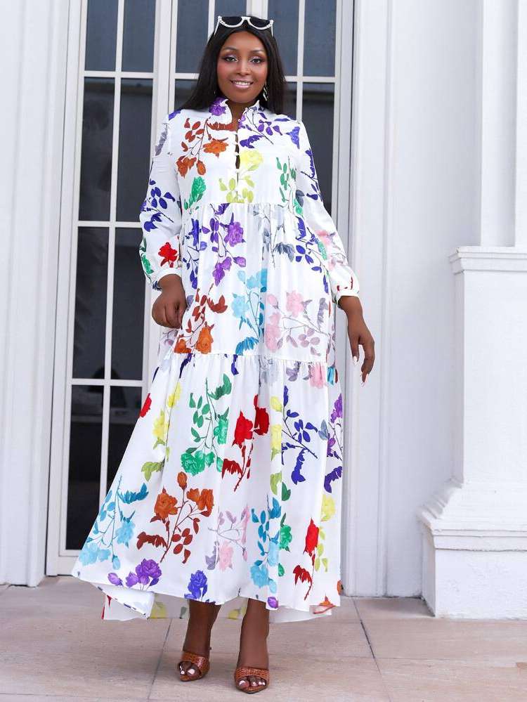 Regular Fit Floral Long Ruffle Hem Plus Size Dresses 4787