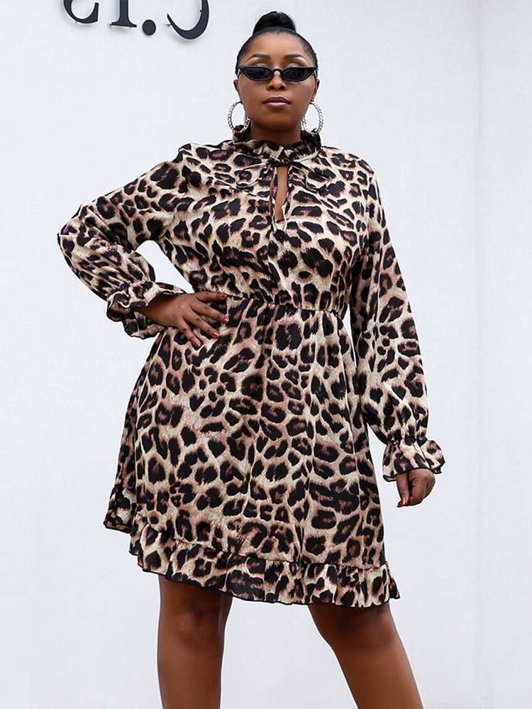 Regular Fit Frill Tie Neck Leopard Plus Size Dresses 4346