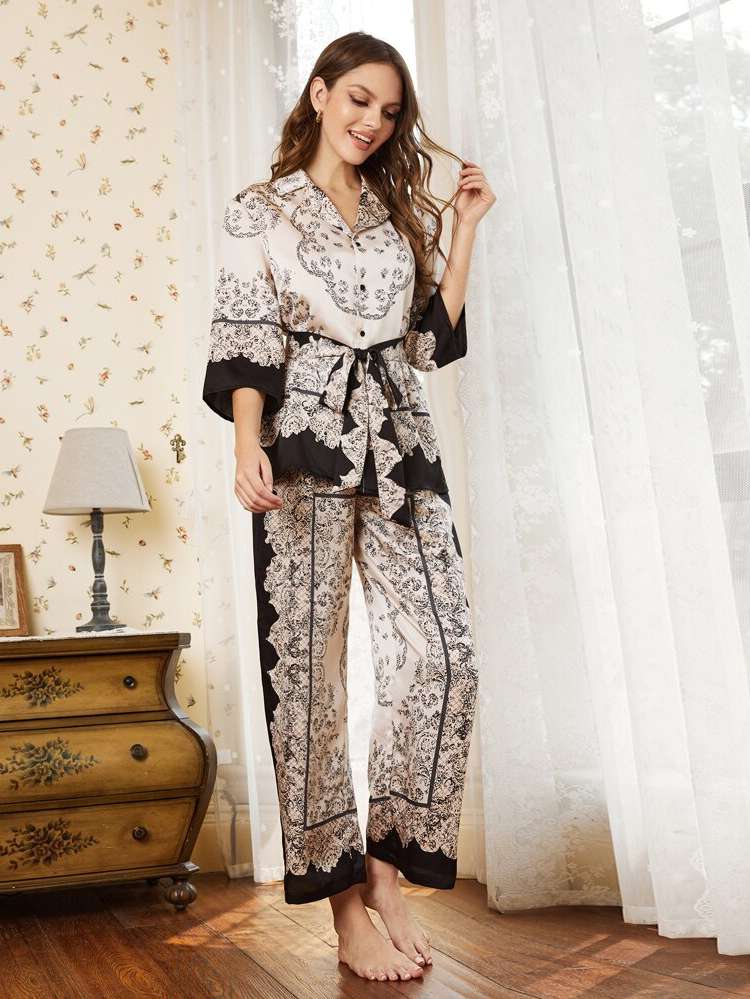 Three Quarter Length Sleeve All Over Print  Women Sleep  Lounge 3465