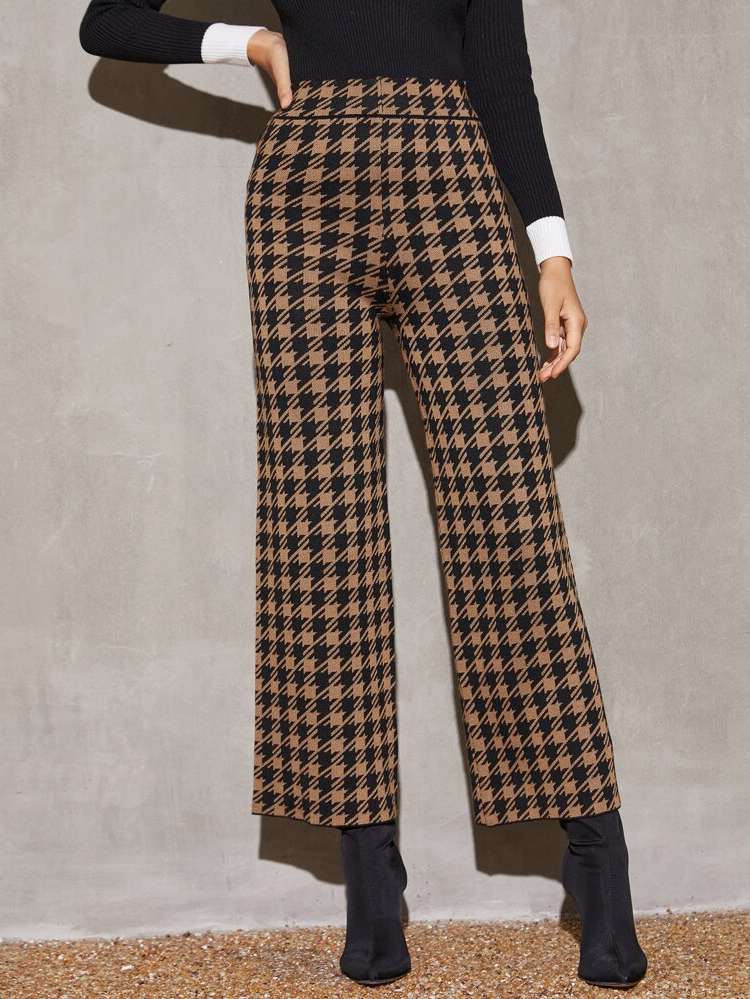 Regular Fit Houndstooth Long Women Sweater Pants 6209