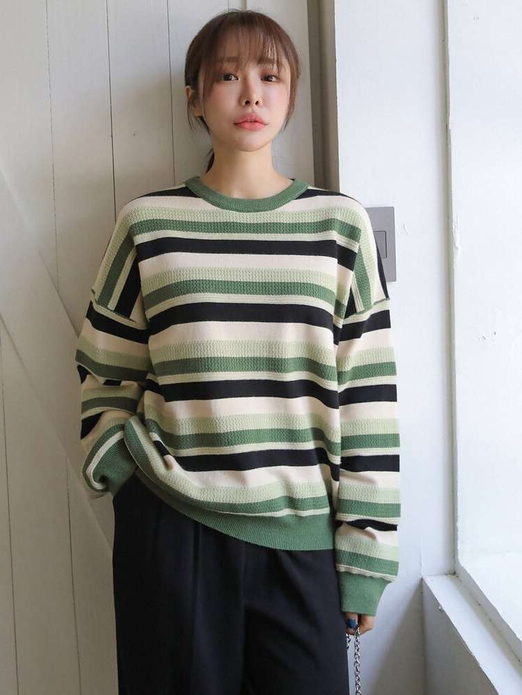 Striped Long Sleeve Regular Women Knitwear 936