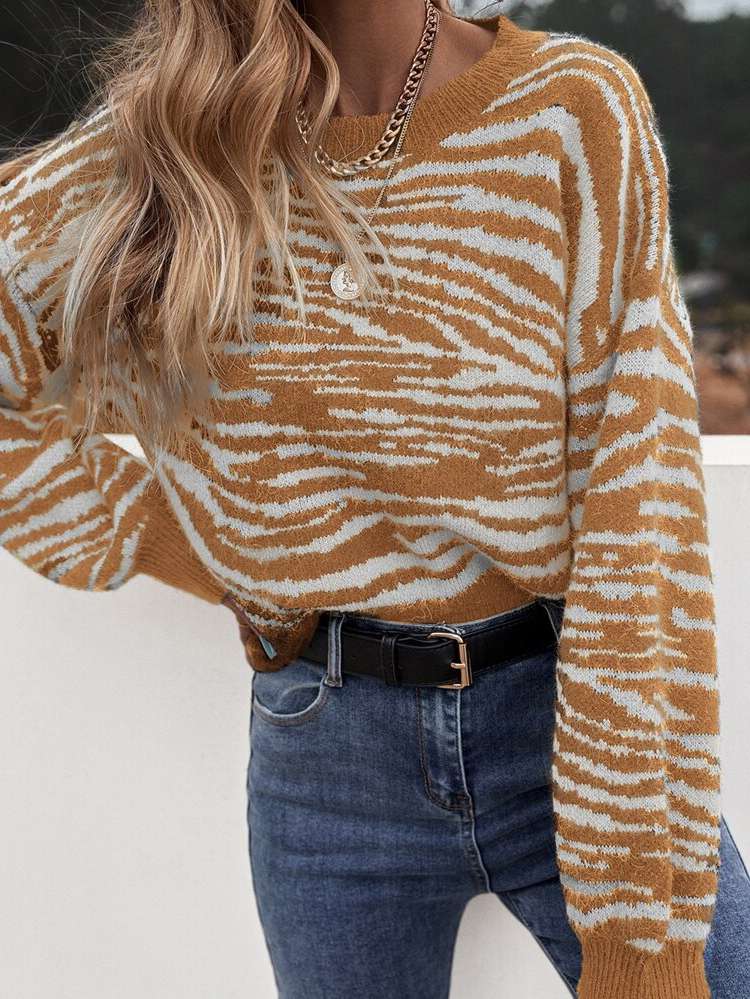 Zebra Stripe Long Sleeve Multicolor Round Neck Women Knitwear 852