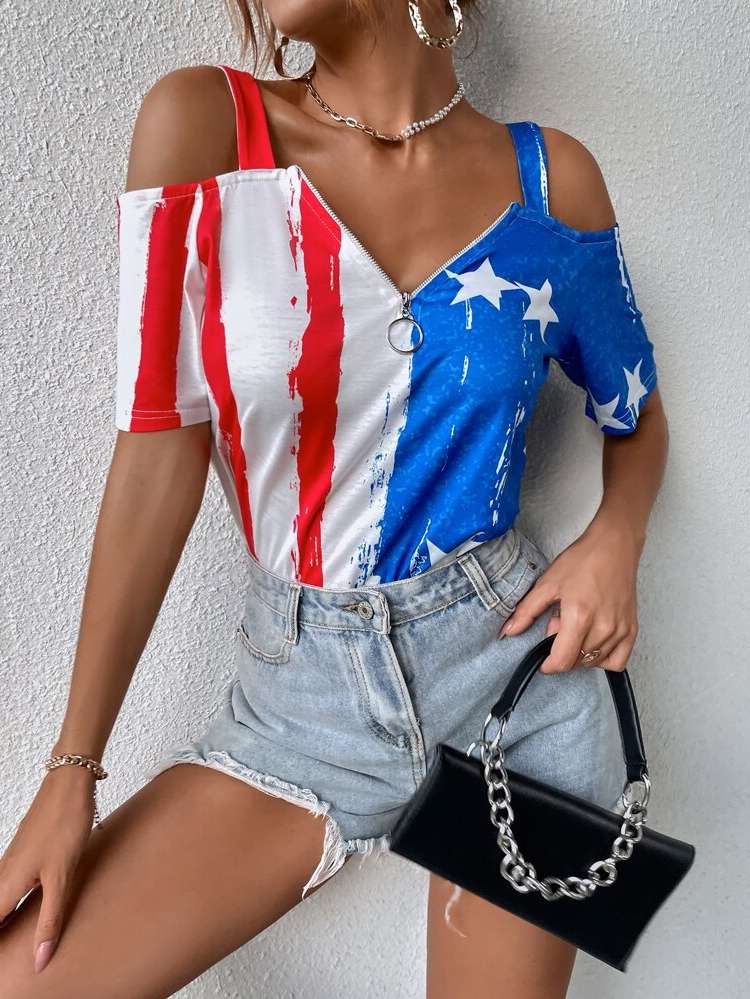 Flag Regular Cold Shoulder Women T-Shirts 2319