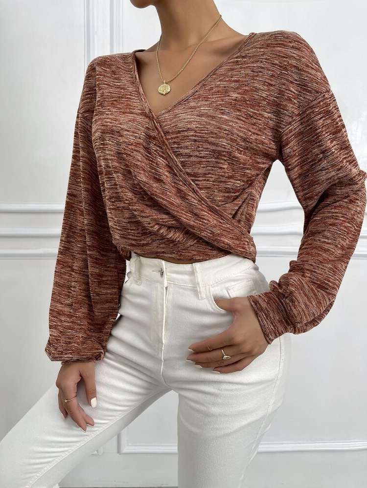 Wrap Long Sleeve Plain V neck Women Clothing 287