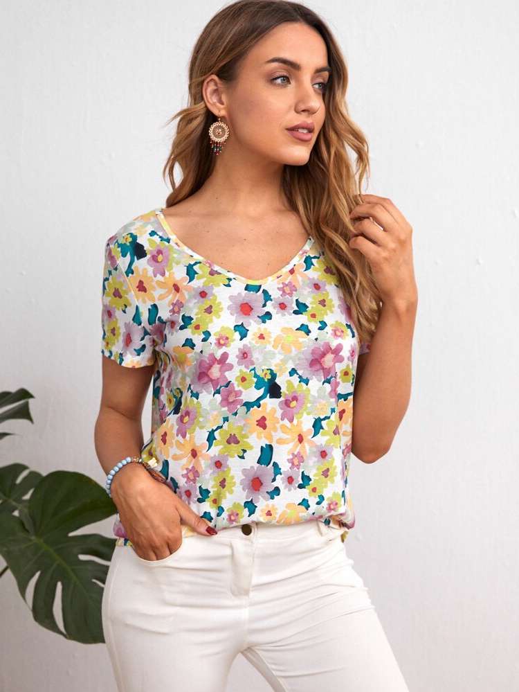 Multicolor Regular Fit V neck Regular Women Tops, Blouses  Tee 1977