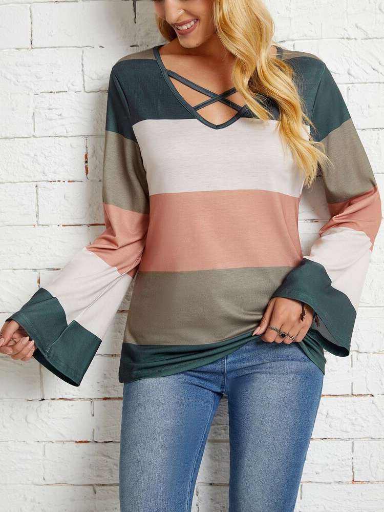 Multicolor Casual Colorblock Women T-Shirts 3887