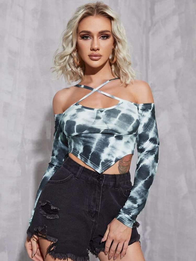 Sexy Long Sleeve Asymmetrical Tie Dye Women Clothing 6125