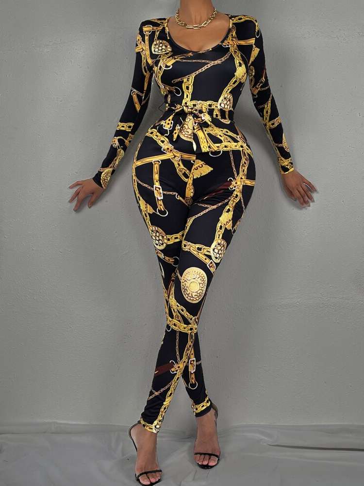 Long Sleeve Multicolor Chain Print Women Unitards 9430