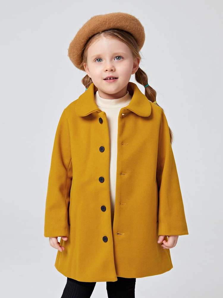 Collar Mustard Yellow Plain Casual Toddler Girl Overcoats 392