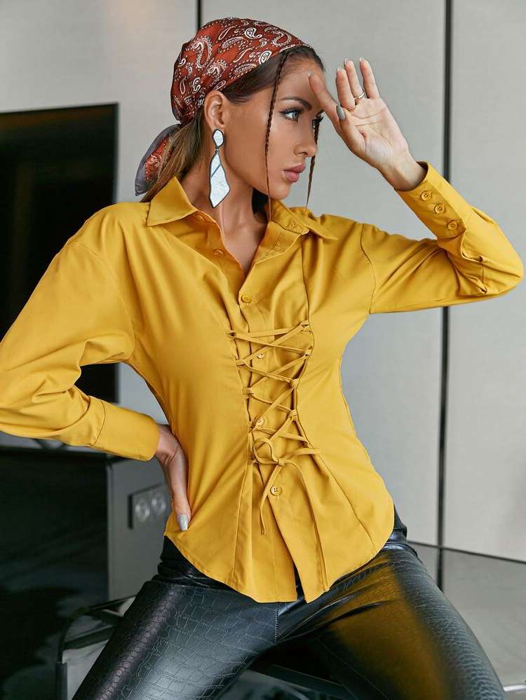 Long Sleeve Mustard Yellow Elegant Regular Women Tops, Blouses  Tee 7995