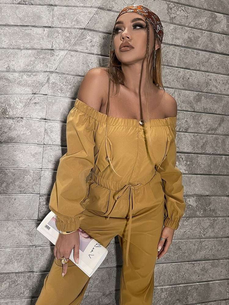 Long Sleeve Off the Shoulder Long Regular Fit Women Jumpsuits  Bodysuits 5600