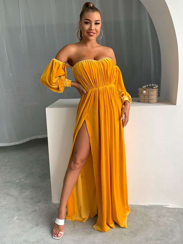 Off the Shoulder Mustard Yellow Maxi Plain Women Dresses 2301