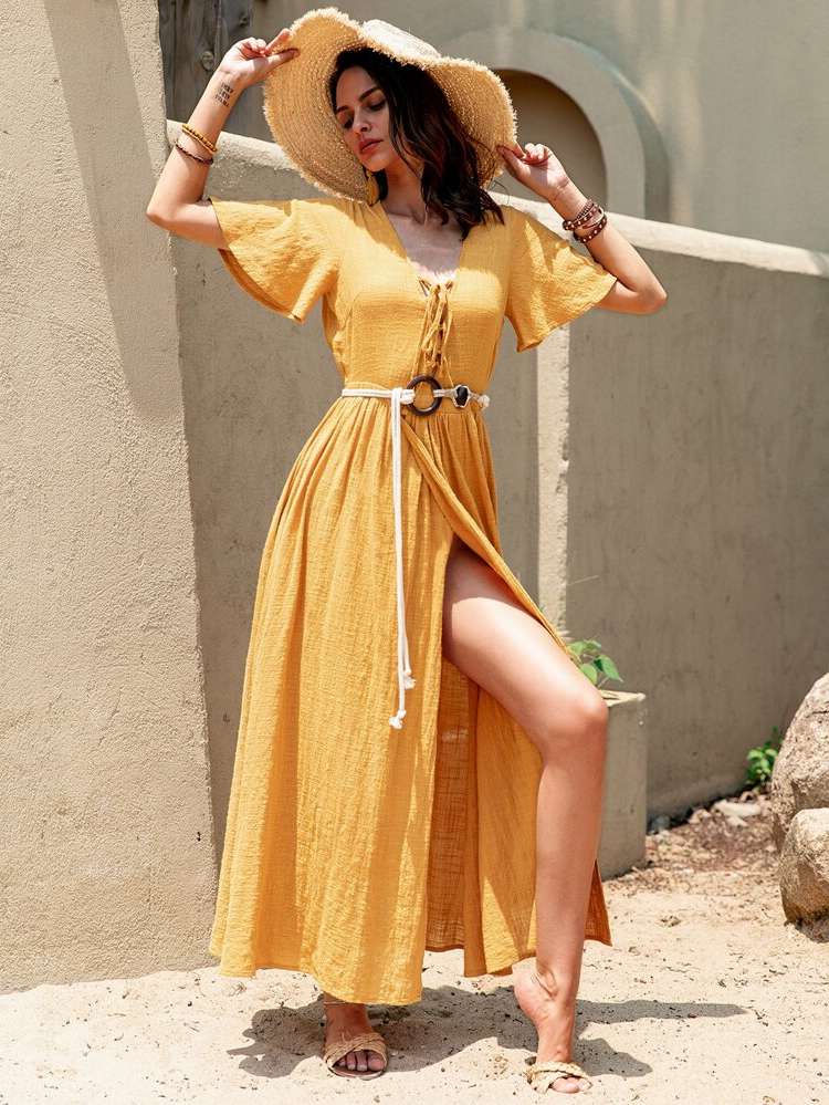  Mustard Yellow Boho Women Dresses 7094