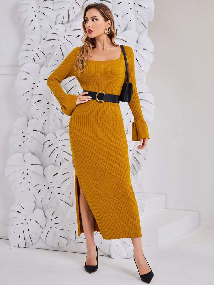 Maxi Regular Fit Mustard Yellow Ruffle Women Clothing 8940