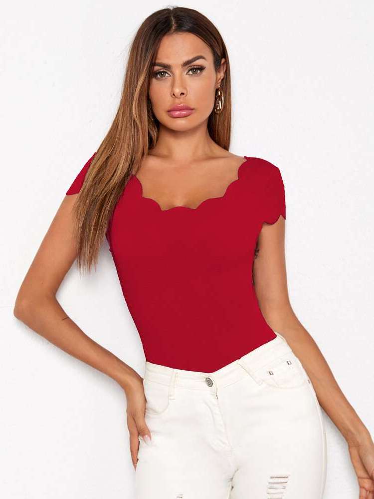  Elegant Scallop Scoop Neck Women Clothing 5333