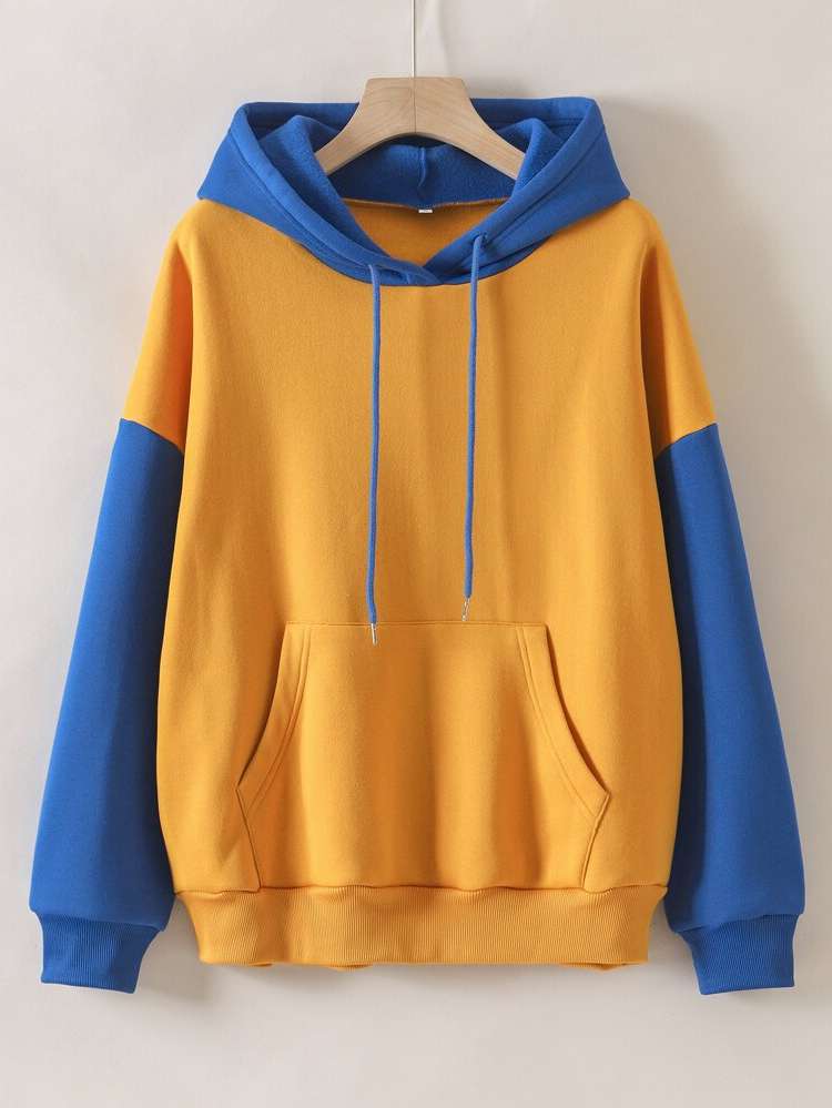 Hooded Long Sleeve Colorblock Drawstring Women Sweatshirts 201