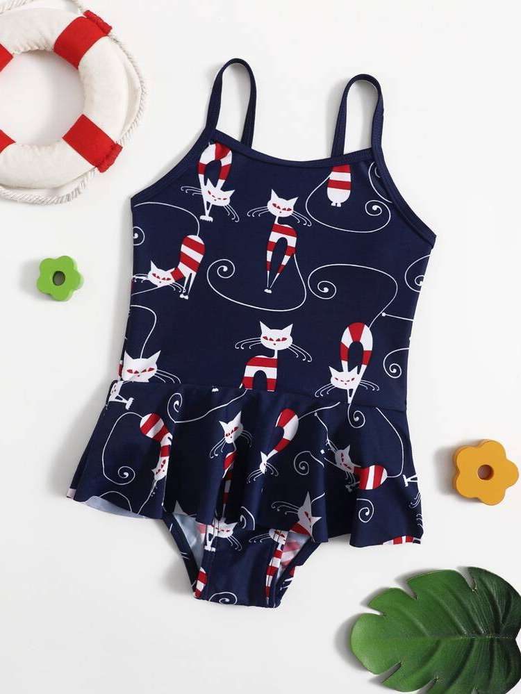 Spaghetti Strap Navy Blue Cute Exaggerated Ruffle Baby Clothing 7344