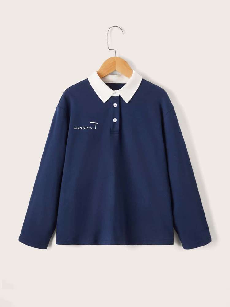 Polo Navy Blue Contrast Collar Long Sleeve Kids Clothing 7098