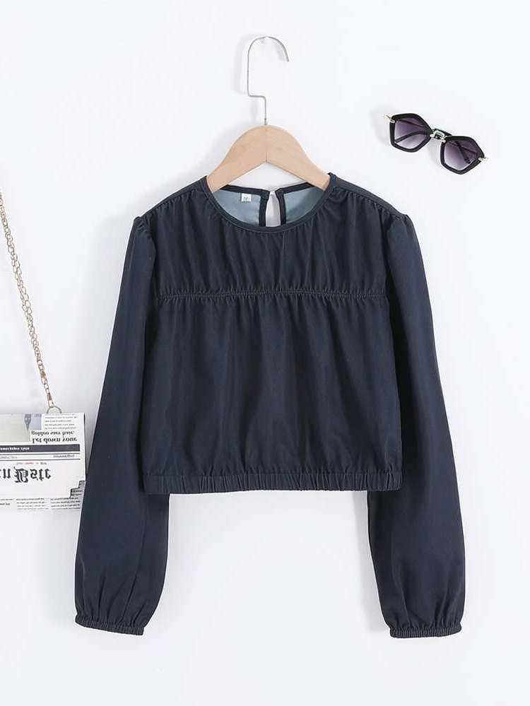  Long Sleeve Navy Blue Round Neck Girls Blouses 6880