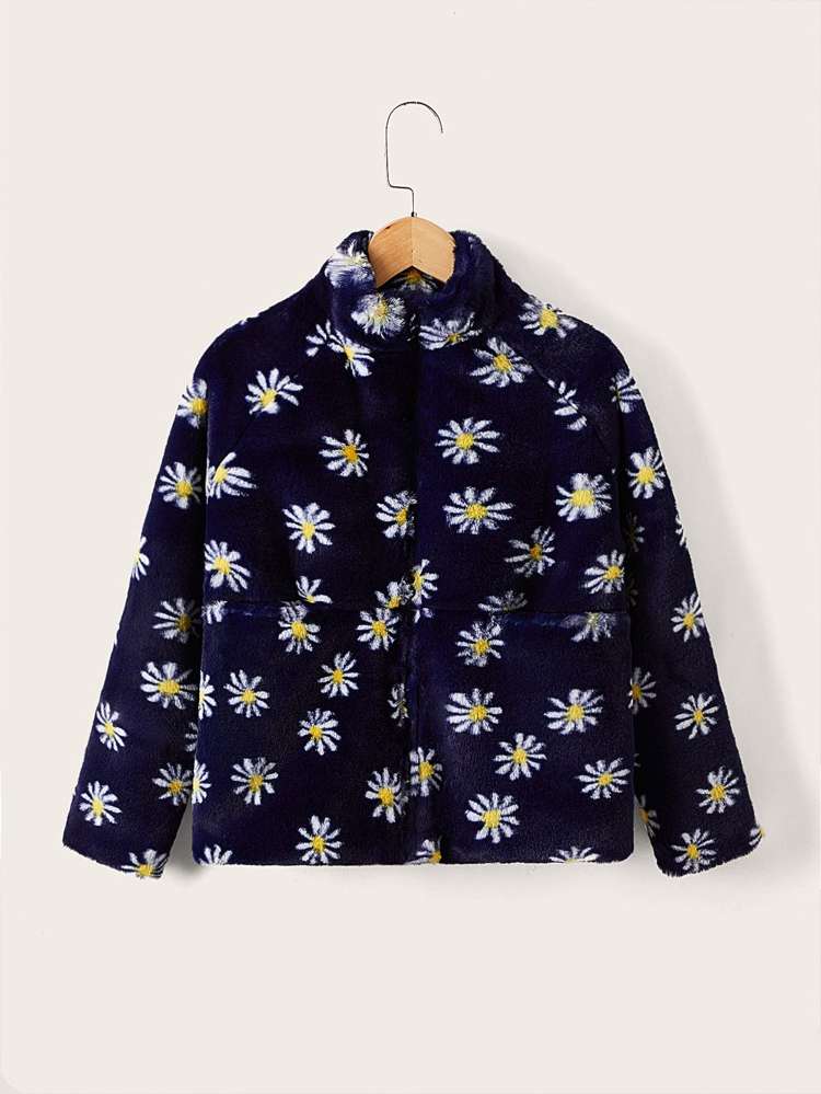 Floral Stand Collar Navy Blue Regular Girls Faux Fur Coats 503