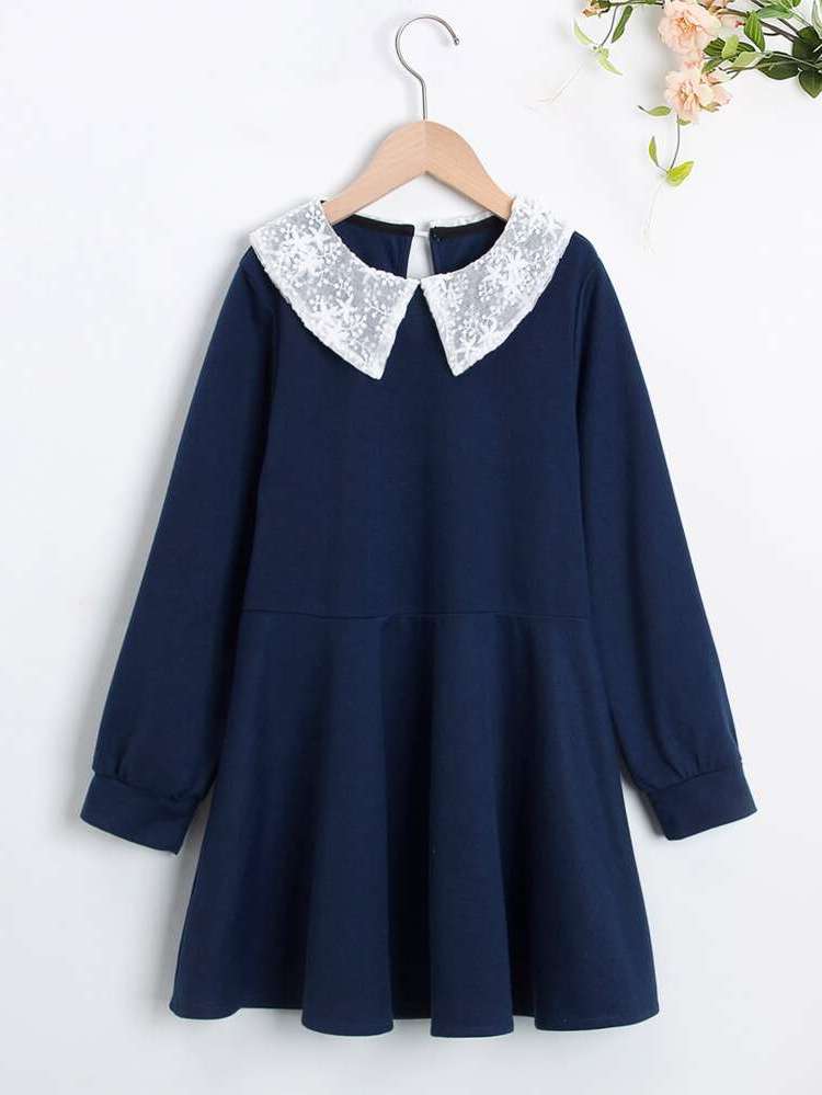 Navy Blue Regular Fit Contrast Collar Colorblock Girls Clothing 8313