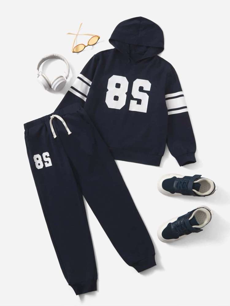 Drawstring Navy Blue Sporty Boys Two-piece Outfits 3099