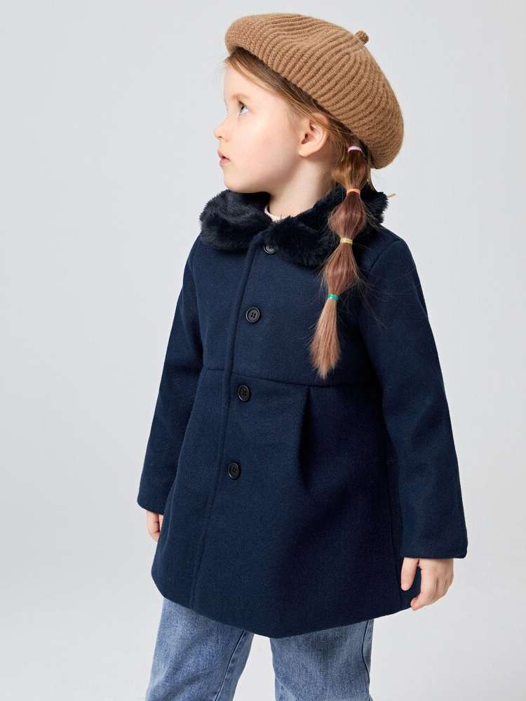 Navy Blue Long Sleeve Dressy Contrast Faux Fur Toddler Girls Clothing 7291