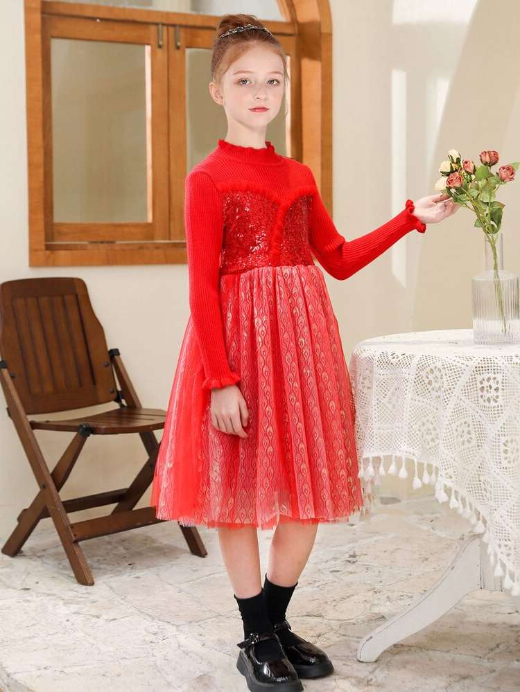  Stand Collar Contrast Sequin Girls Clothing 677