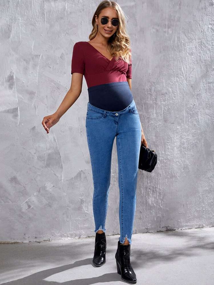 Navy Blue  Colorblock Maternity Denim 886